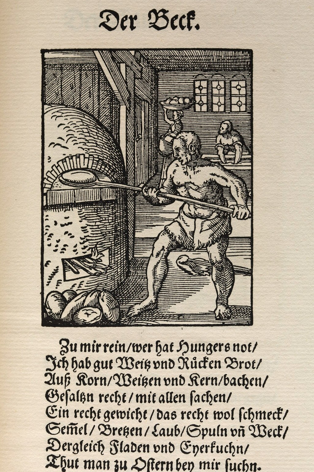Buchseite „Der Beck“ aus dem Ständebuch 1568: Holzschnitt eines Bäckers, der mit einem langen Schieber Brot in einen gemauerten Backofen schiebt, darunter acht Verszeilen in Fraktur