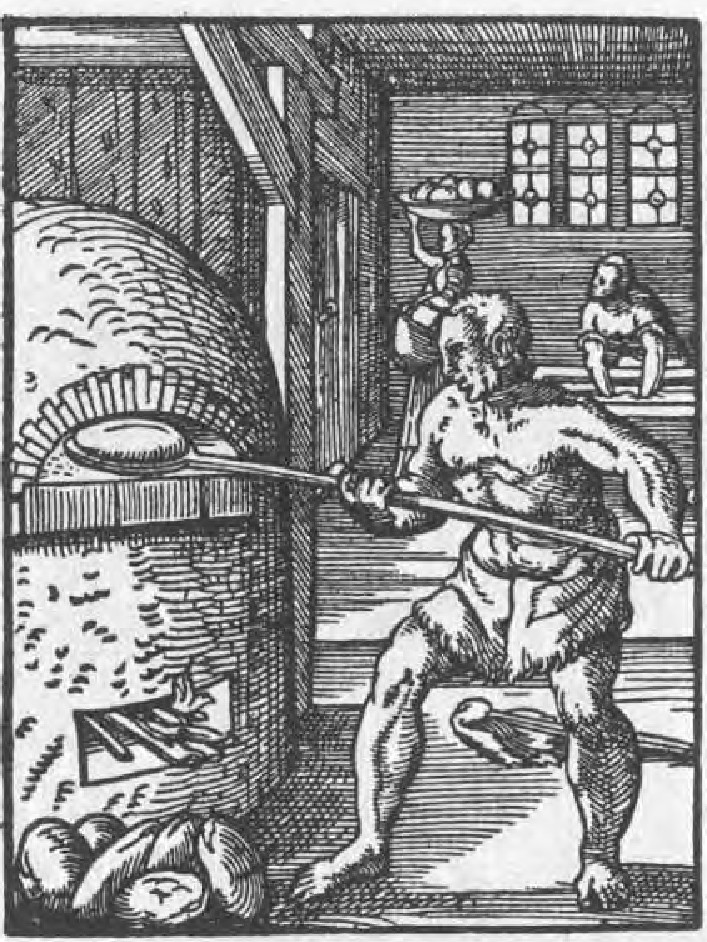 Holzschnitt aus dem Ständebuch: Ein Bäcker schiebt mit einem langen Schieber Brot in den gemauerten Ofen, im Hintergrund trägt ein Junge einen Korb mit Broten
