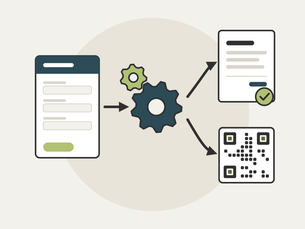 Grafik: Ein Formular läuft über Zahnräder zu einer geprüften Rechnung und einem QR-Code