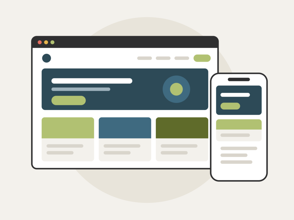 Grafik: Webseite im Browserfenster mit Kopf, Bühne und drei Karten, daneben dieselbe Seite auf dem Handy