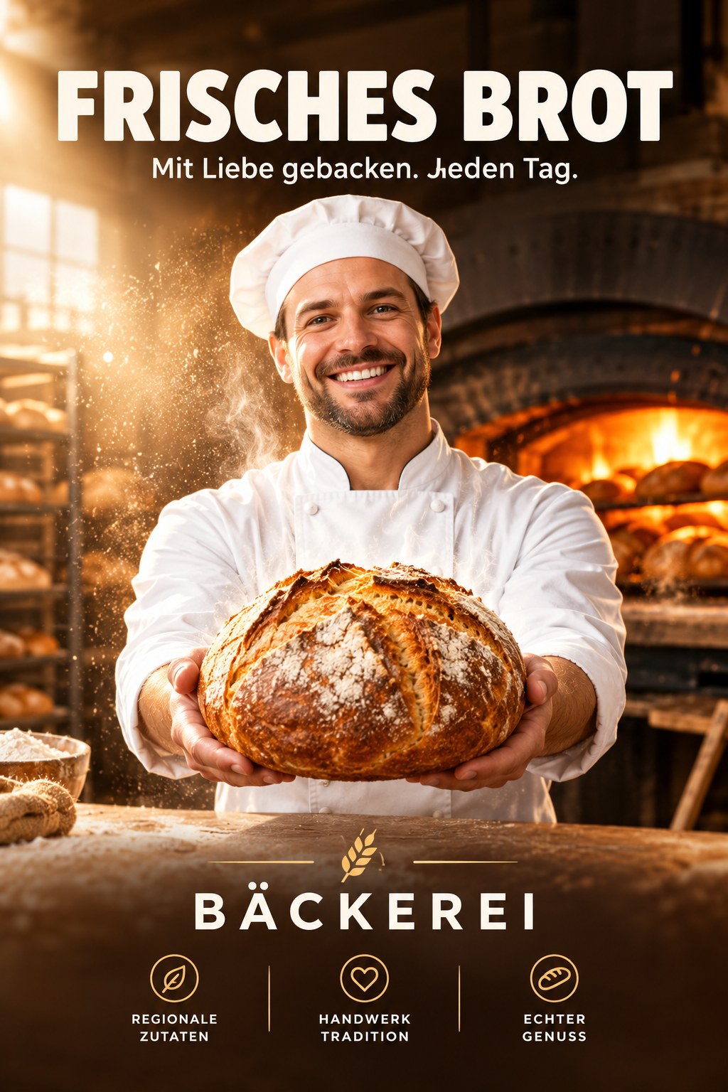 Mit KI erzeugtes Werbeplakat: lächelnder Bäcker in Weiß hält einen Brotlaib vor einem glühenden Holzofen, Schriftzug „Frisches Brot – Mit Liebe gebacken. Jeden Tag.“